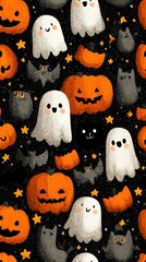 Colorful Halloween pattern featuring ghosts, pumpkins, bats, and stars on a dark background