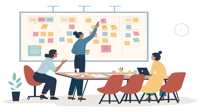 Three professional women actively collaborate on a project, effectively utilizing an agile scrum board with colorful sticky notes to organize tasks.