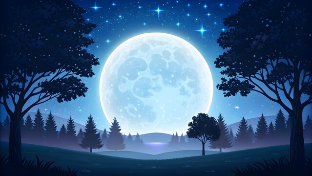 Enchanting night landscape with a large, bright full moon and sparkling stars over a silhouetted pine forest.