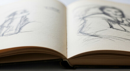 Obraz premium Artistic Pencil Sketches in an Open Vintage Sketchbook