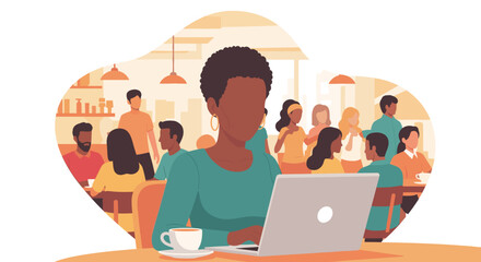 A professional Black woman works remotely on her laptop in a busy coffee shop, symbolizing flexible modern careers and digital freedom.