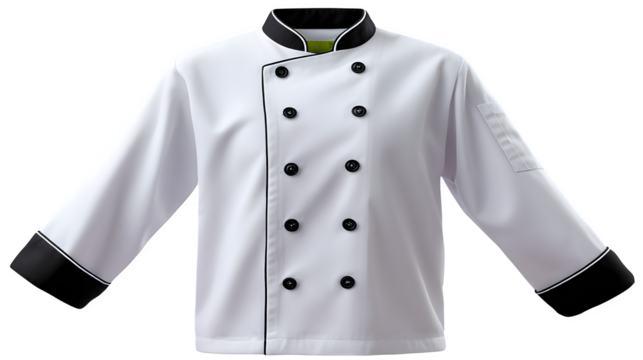 White chef's jacket with black buttons and collar trim, clean and crisp, isolated on white background