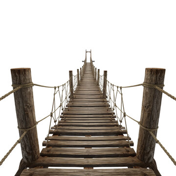 Fototapeta Rustic wooden suspension bridge pathway on a transparent stage, weathered planks and rope accents