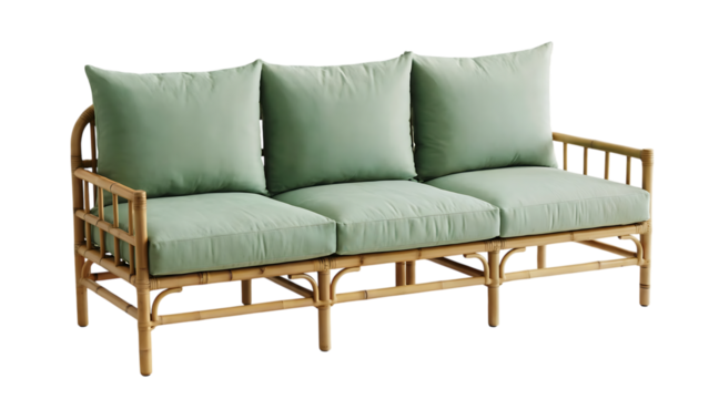 Elegant bamboo sofa with light green cushions isolated on transparent background, a stylish addition to any living space