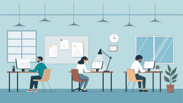 Diverse professionals are diligently working on computers at their individual desks within a modern, well-lit open-plan office, showcasing productivity.