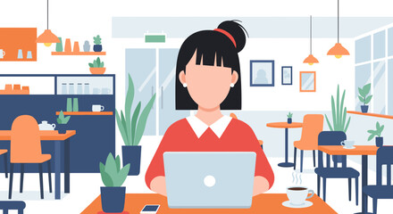 A young woman with dark hair is diligently working on her laptop at a cozy cafe table, enjoying a productive remote work session.