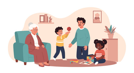 A heartwarming illustration of a multi-generational family enjoying quality time together, with children playing and an elder observing in a cozy home.