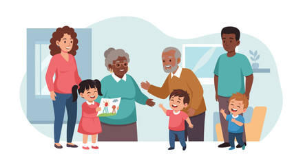A heartwarming illustration of a diverse multi-generational family gathering indoors, showing children interacting joyfully with their grandparents.