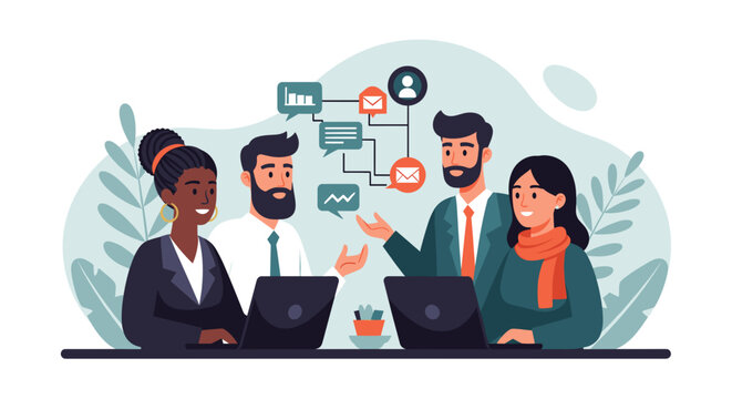 Diverse business professionals collaborate effectively, utilizing digital tools and communication networks to achieve shared goals and foster innovation.