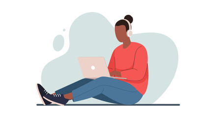 A relaxed individual with headphones is comfortably seated on the floor, diligently working or studying on a laptop in a modern, minimalist setting.