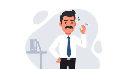 The illustration depicts a professional man anxiously biting his nails, reflecting stress or nervousness in a modern office environment.