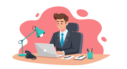 A professional businessman in a sharp suit is diligently working on his laptop at an organized office desk, showcasing efficiency and modern digital work.