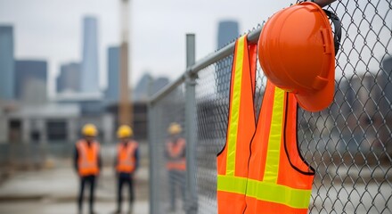 A construction scene with safety equipment hanging on a fence, workers blurred in the background, and a cityscape visible.