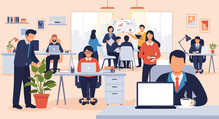 Diverse professionals actively collaborate and work independently within a bright, modern office, illustrating a dynamic and productive corporate environment.