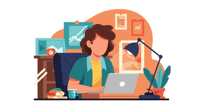 An individual focuses on their laptop within a cozy, organized home office environment, illustrating contemporary remote work and digital lifestyle.