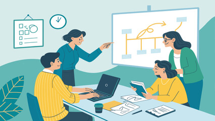 A diverse team of professionals collaborates in a modern office, discussing strategies and analyzing data on a whiteboard during a productive business meeting.