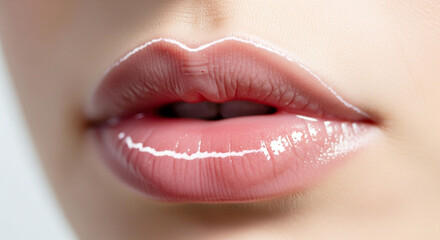 Fototapeta premium Close-up of beautifully hydrated and glossy female lips with a natural, healthy sheen, emphasizing beauty and sensuality.