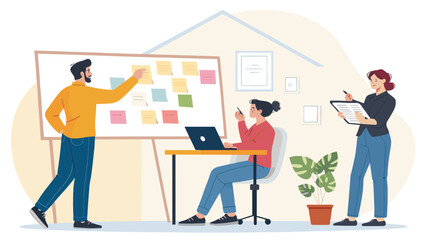 A diverse team of professionals collaborates effectively, brainstorming ideas and managing projects in a modern, dynamic office environment, fostering innovation.