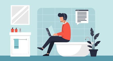 A male professional works diligently on his laptop while seated on a bathtub in a modern bathroom, symbolizing the blurred lines of remote work.