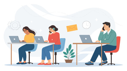 Three diverse individuals are diligently working on laptops and communicating via phone or headset in a modern, professional office or remote work environment.