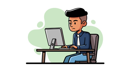 A focused young man diligently works on his computer at a desk, illustrating modern remote work or office productivity and concentration.