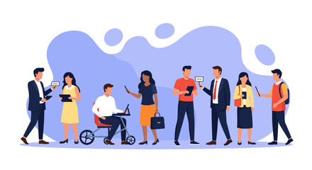 A diverse and inclusive group of professionals and individuals are actively communicating, collaborating, and embracing modern technology in a dynamic environment.