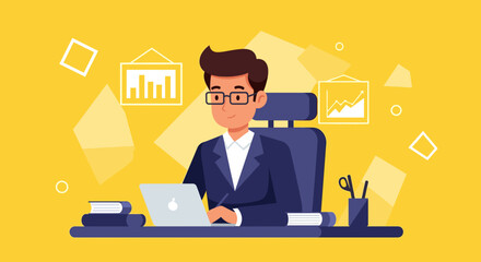 An astute male executive focuses on digital tasks using a laptop at his organized workspace, symbolizing modern business productivity and data management.