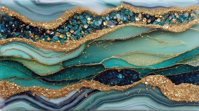 Abstract resin art piece with flowing teal, gold, and gray marble patterns and embedded gems