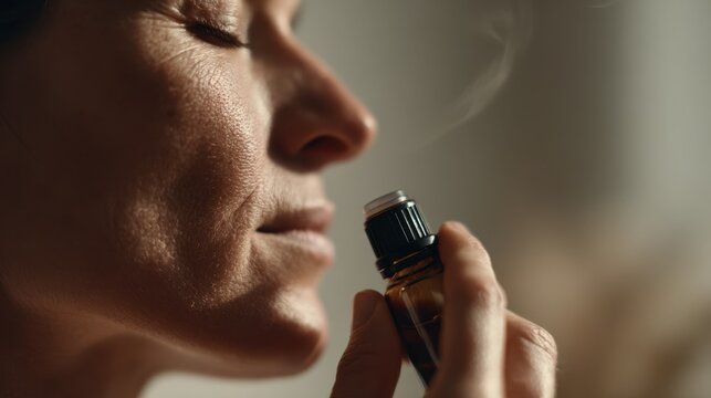 Medium shot focused on an individuals hand holding a scented essential oil bottle close to the nose background gently out of focus to evoke postCOVID smell rehabilitation.