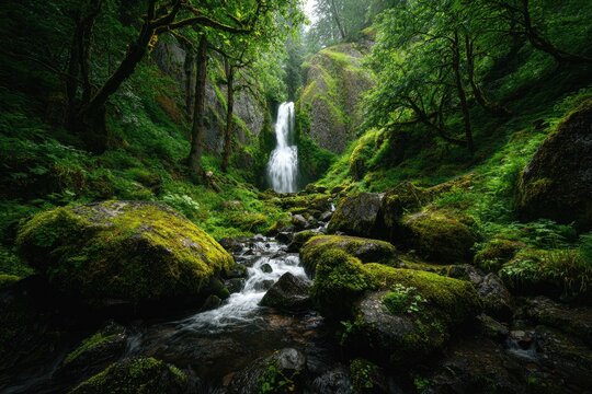 Lush waterfall cascading through mossy forest