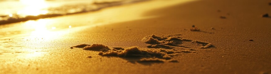Golden sunset on beach, sand texture close-up.