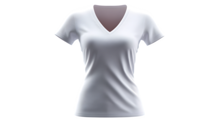 White V-neck women's T-shirt on invisible torso mannequin, smooth jersey texture, side lighting, isolated on transparent background