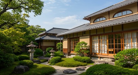 Obraz premium Picturesque artistic Japan home exterior designed with Mediterranean villa with terracotta roofing and arches