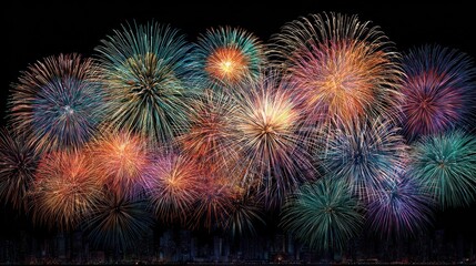 Naklejka premium Fireworks burst over a cityscape at night