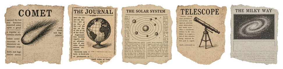 Obraz premium PNG Vintage astronomy newspaper clippings, element set on transparent background