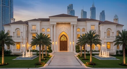 Luxury breathtaking  Dubai home exterior featuring opulent mansion with grand entrance and marble exteriors