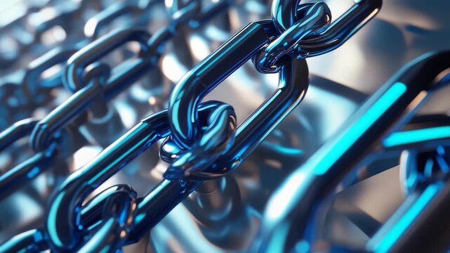 Close-up of interconnected metallic blue chains with reflective polished surfaces in abstract industrial background with shallow depth of field