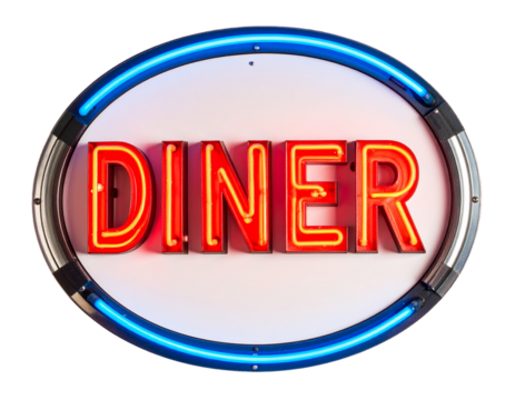 Vintage Neon Diner Signboard with Chrome Edges, Front View, Isolated on Transparent Background 