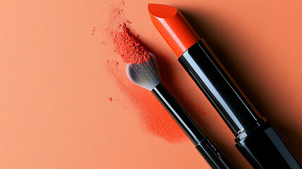 A bold orange lipstick with a tapered makeup brush captured mid-sweep, pigment lightly scattered on a coral-toned background, clean editorial look,