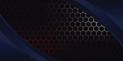 Modern black luxury background with gold line decoration on dark hexagon pattern. Vector illustration.
