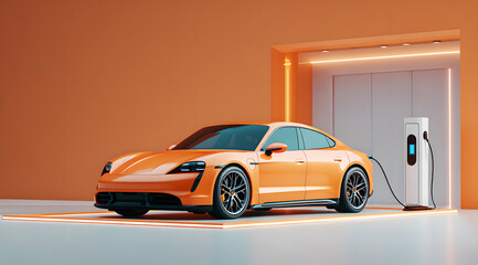 Obraz premium Scene of Orange Cars Charging at Charging Station