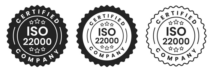 ISO 22000 certified food safety management system label stamp badge, seal emblem icon, quality, assurance, standard compliance, guarantee, approval mark vector illustration
