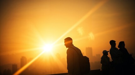 Fototapeta premium People and network, silhouette of people looking at a city to learn more about business