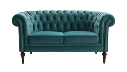 Elegant teal velvet chesterfield sofa isolated on transparent background for a luxurious living room setting