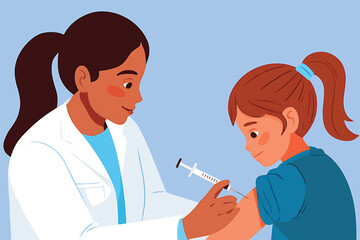 Friendly female doctor administering a vaccine to a young girl. Medical immunization concept vector illustration.