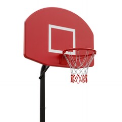 Naklejka premium Red residential basketball hoop system with fan-shaped backboard orange rim and black adjustable pole for outdoor driveway sports recreation