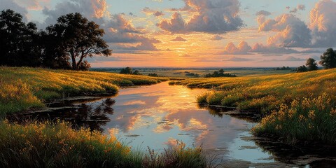 Beautiful sunset over a tranquil river reflecting golden fields and clouds in the countryside