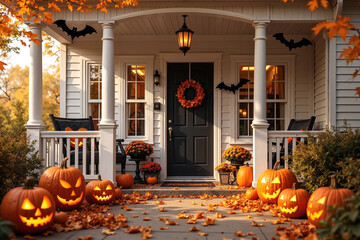Obraz premium A white house with a black door, adorned with a wreath, surrounded by jack-o-lanterns and autumn leaves.