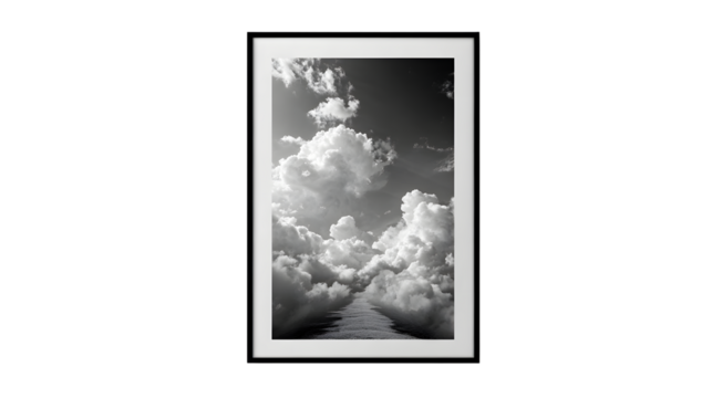 Dramatic sky with fluffy clouds and a path of light; evokes peace, hope, and serenity