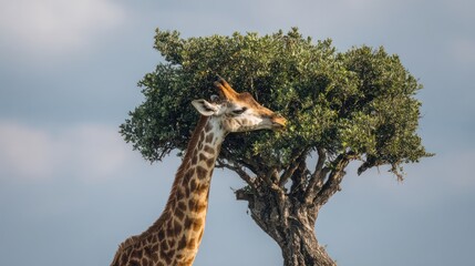 Fototapeta premium Tall giraffe bends to eat leaves off a small tree under a hazy light blue sky